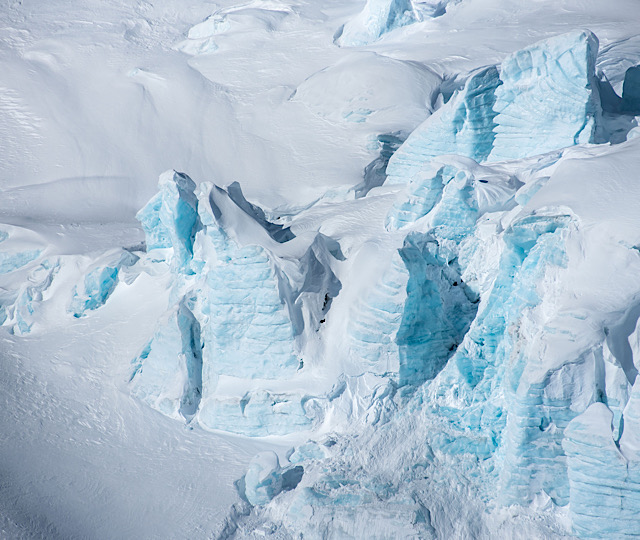 Cracked towers of glaciated snow on a glacier in Squamish