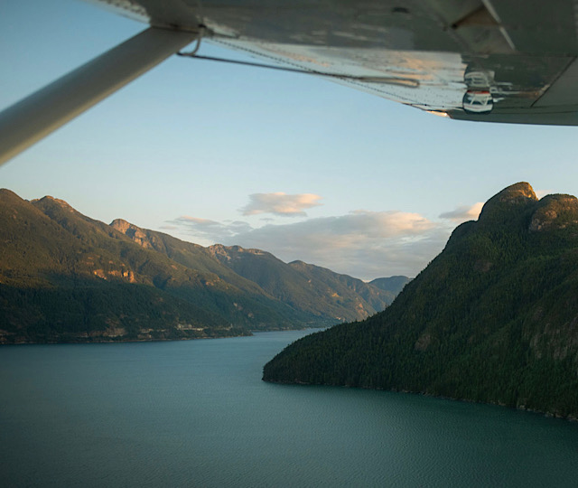 Looking down the Howe Sound from the seaplane between Anvil Island and the coast mountains