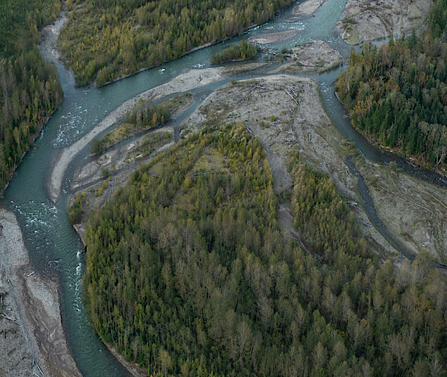Aerial view of the Squamish River right before it reaches the estuary